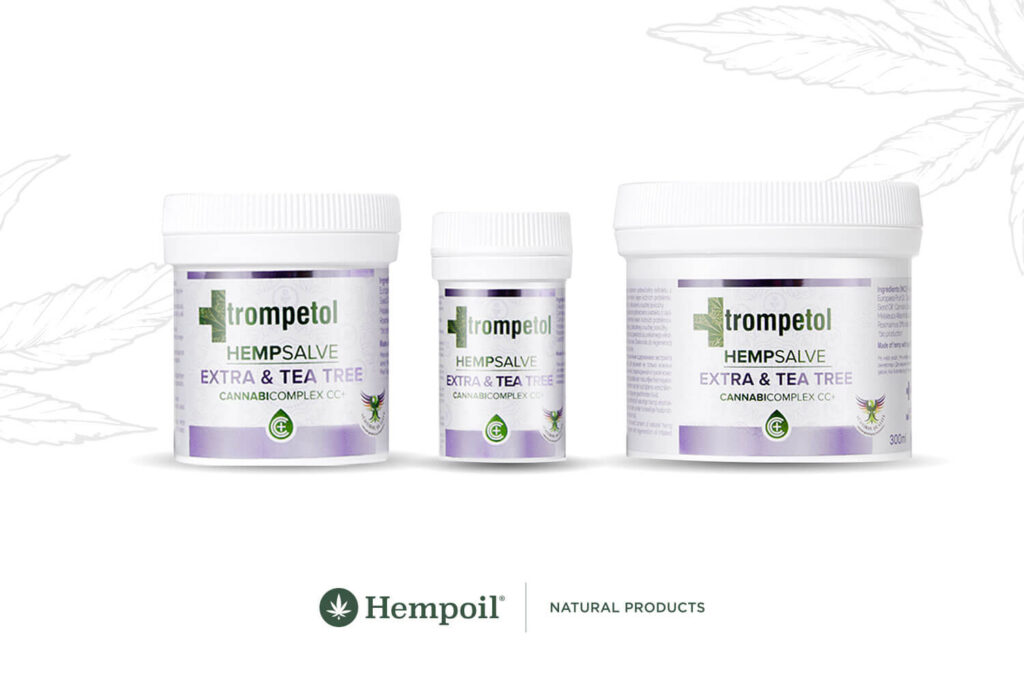 Trompetol Extra Hemp ointment with CBD, tea tree, and rosemary for skin diseases and psoriasis.