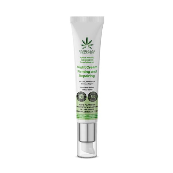 Crema de noche reafirmante y reparadora Cannalab Organics con CBD, retinol y manteca de karité para la piel del rostro.