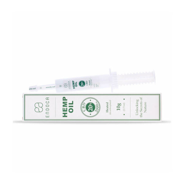 Endoca Hemp Oil Extract 2000mg CBD Cannabidiol 20% - 10grams heated laying view of packaging.