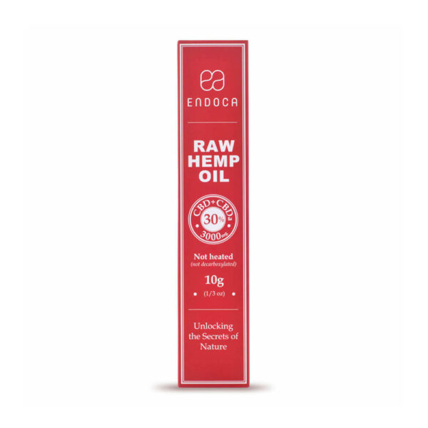 Endoca RAW Hemp Oil Extract 3000mg CBD+CBDa 30% - 10gr box front view in Athens online.