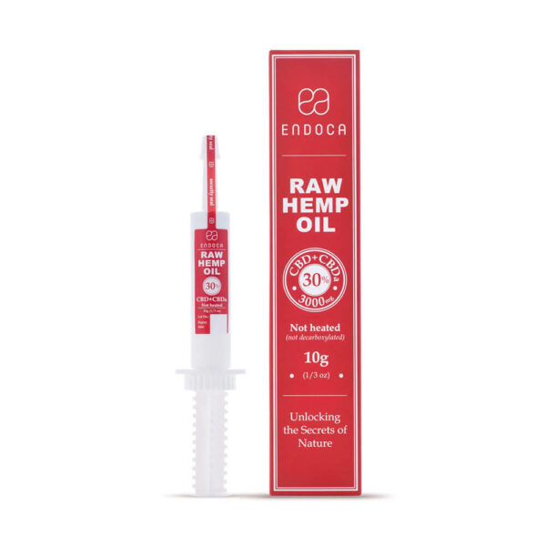 Endoca RAW Hemp Oil Extract 3000mg CBD+CBDa 30% of 10 grams box and container.