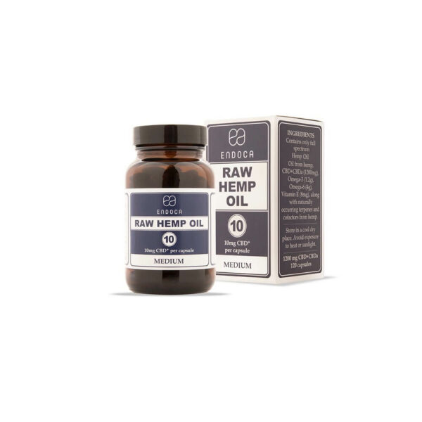 Endoca RAW CBD Capsules (Medium) 300mg CBD+CBDa - 30 Capsules lef side packaging of Bio and certified products.