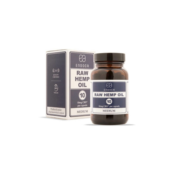 Endoca RAW CBD Capsules (Medium) 300mg CBD+CBDa - 30 Capsules right side packaging of Organic Hempoi oil.