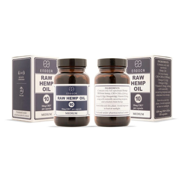 Endoca RAW CBD Capsules (Medium) 300mg CBD+CBDa - 30 Capsules front and back. Best CBD Europe.