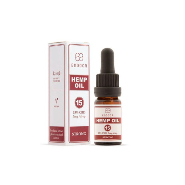 Endoca CBD Oil 15% Hemp Oil Drops 1500mg Cannabidiol (Strong) - 10ml side view box and bottle. Best CBD in europe.