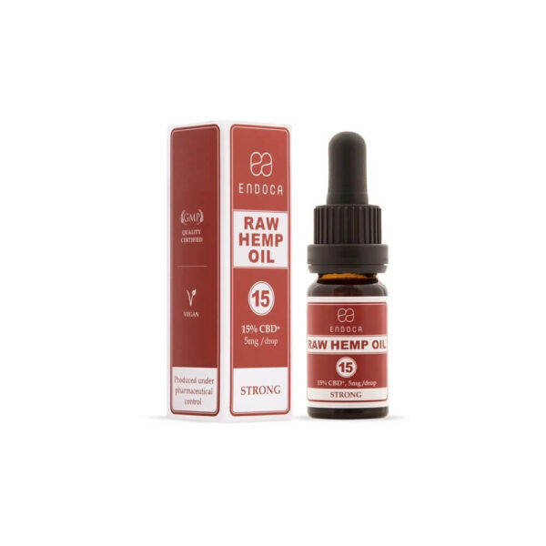 Endoca RAW CBD Oil (Strong) Drops 1500mg CBD+CBDa (15%) - 10ml box and bottle front perspective. Best CBD Europe