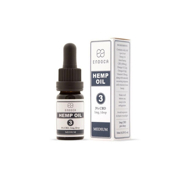 Endoca CBD Hemp Oil Drops 300mg CBD Cannabidiol (MEDIUM) 3% - 10ml front perspective packaging.