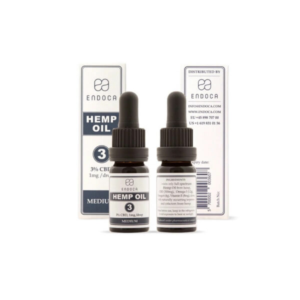 Endoca CBD Hemp Oil Drops 300mg CBD Cannabidiol (MEDIUM) 3% - 10ml both side bottle and label. Best CBD Europe.