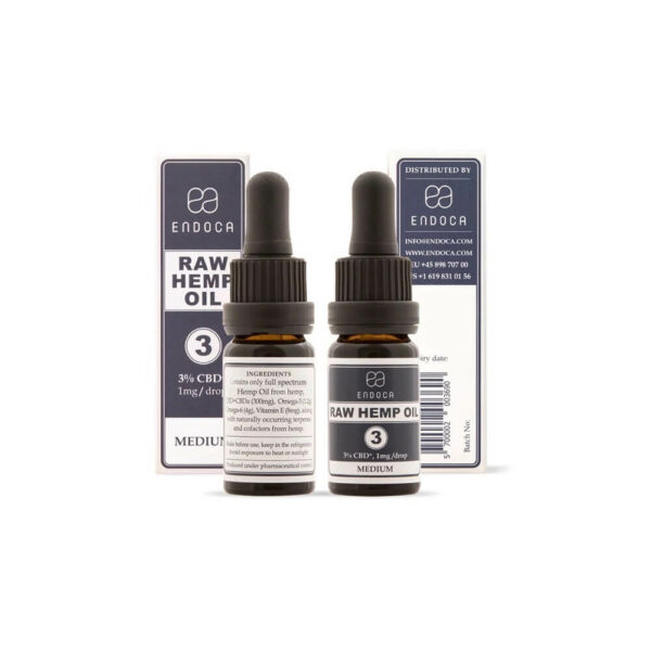 Endoca RAW CBD Oil (Medium) Drops 300mg CBD+CBDa (3%) - 10ml bottle back front packaging. CBD Europe.