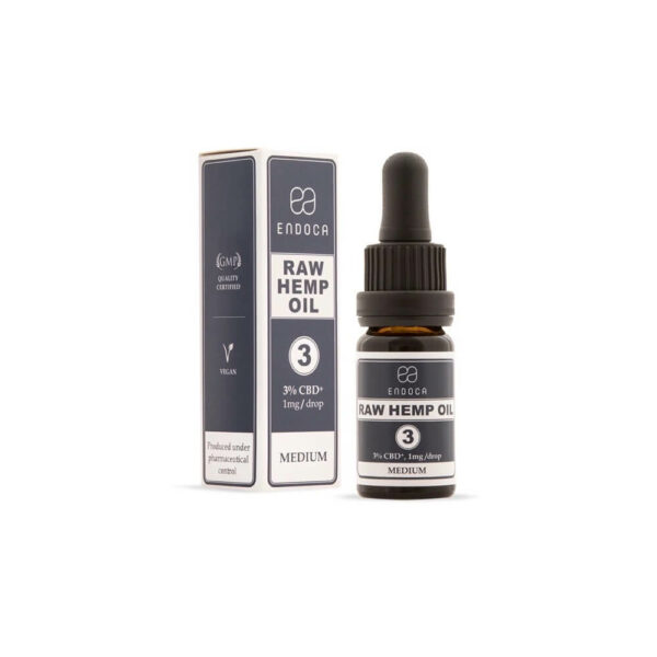 Endoca RAW CBD Oil (Medium) Drops 300mg CBD+CBDa (3%) - 10ml front side box and bottle. Terpenes & CBD Oil.