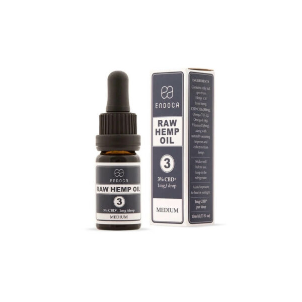 Endoca RAW CBD Oil (Medium) Drops 300mg CBD+CBDa (3%) - 10ml front side perspective with bottle.