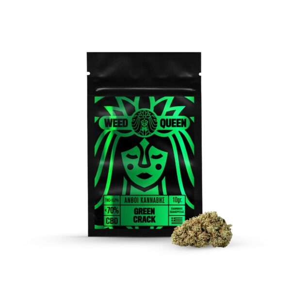 Cannabis CBD hemp flowers with cannabidiol, Green Crack from weedqueen, Greece. 10 grams package content.