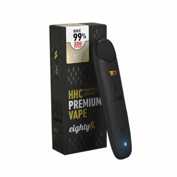 Eighty8 Disposable Vape 99% HHC Coconut flavor (Hexahydrocannabinol) similar effects to THC. Greece and Cyprus