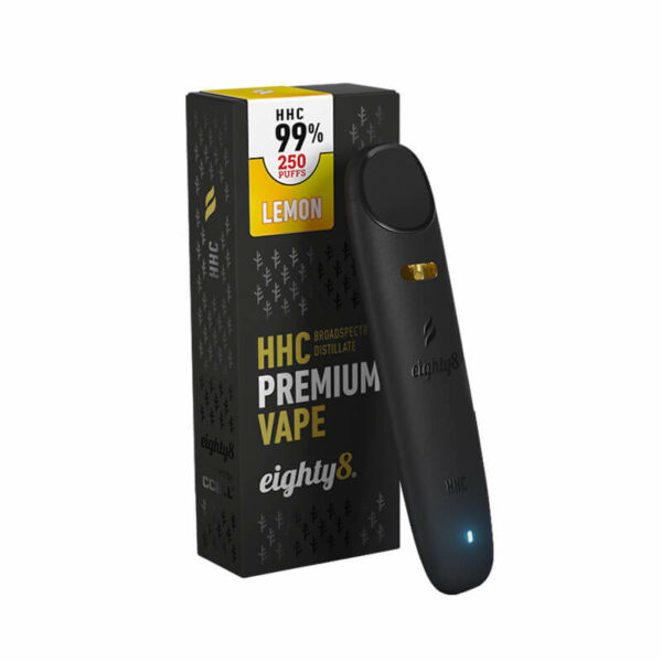 Eighty8 Disposable Vape 99% HHC Lemon flavor (Hexahydrocannabinol) similar effects to THC. Spain