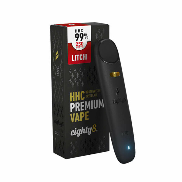 Eighty8 Disposable Vape 99% HHC Litchi flavor (Hexahydrocannabinol) similar effects to THC. Spain