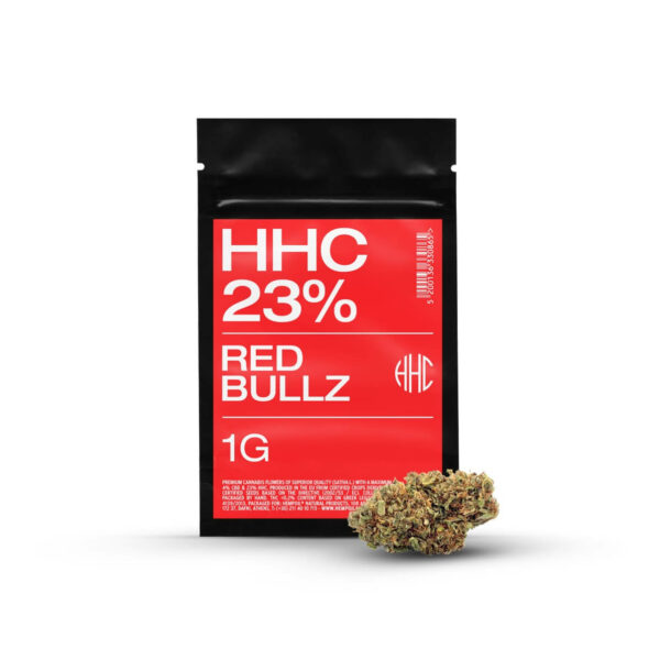 HHC Cannabis Flowsers with 23% HHC hexahydrocannabinol. Red Bullz strain, from the USA, buy online in Europe, Greece, Cyprus. HHC Weed.