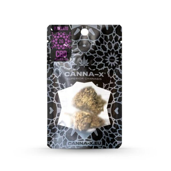 Canna-X Cannabis Flowers Purple Gelato with 24% CBD content in a 2 gram package for vaping and smoking.